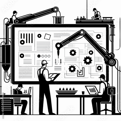 Worker monitoring automated system with teamwork on black and white background for industrial agriculture
