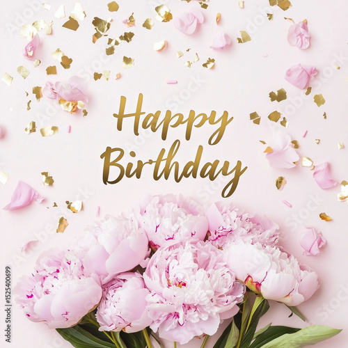 bouquet of pink peonies and Happy Birthday text on soft background. AI generation.