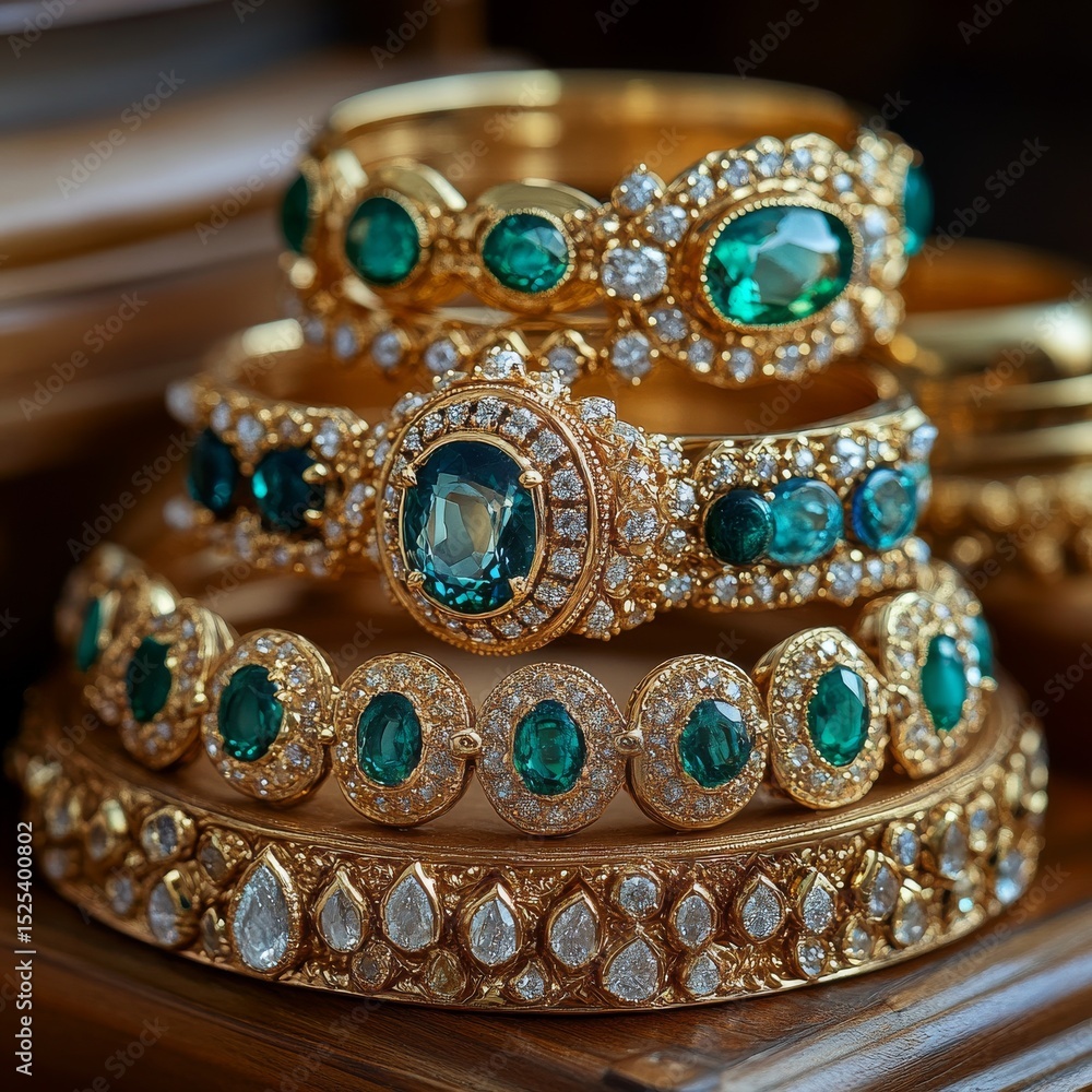 Stacked Elegance: Luxurious Gold Bracelets Adorned with Sparkling Diamonds and Emerald Gems on a Polished Wooden Surface, a Vision of Opulent Jewelry Stacked Elegance: Luxurious Gold Bracelets Adorned with Sparkling Diamonds and Emerald Gems on a Polished Wooden Surface, a Vision of Opulent Jewelry