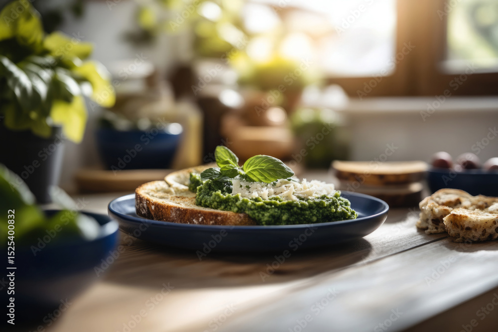 Bright flavors of creative breakfast toasts topped with fresh greens and herbs are served on a rustic table. A sunny kitchen setting enhances the vibrant colors and textures of the meal Bright flavors of creative breakfast toasts topped with fresh greens and herbs are served on a rustic table. A sunny kitchen setting enhances the vibrant colors and textures of the meal