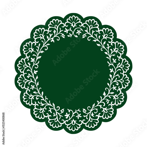 Green circular doily, intricate lace pattern