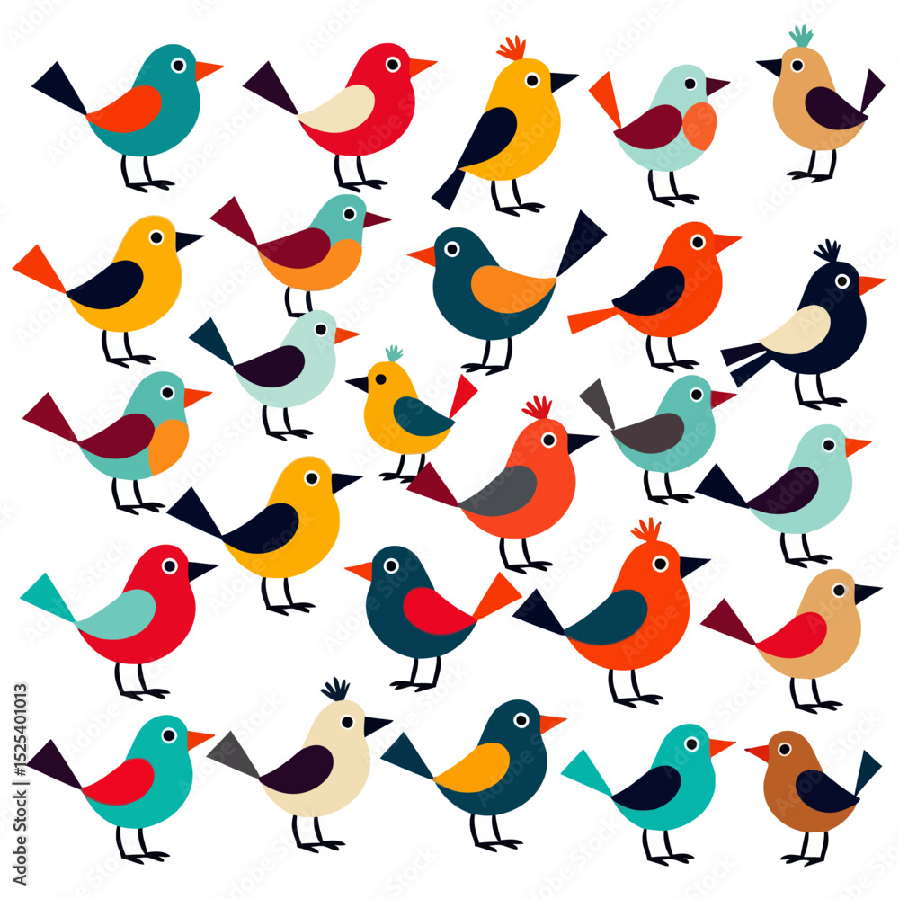 Obraz premium Colorful Cartoon Birds Illustration-Cute Bird Pattern Design-Whimsical Bird Art for Kids-Playful Bird Illustration for Crafts-Fun Bird Themed Background