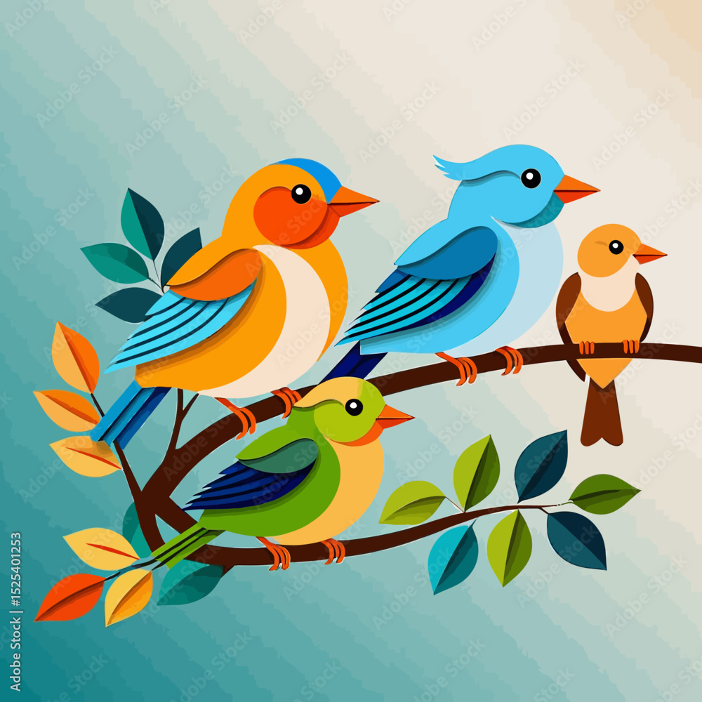 Colorful Paper Birds on Branch Illustration- Cute Bird Art for Kids- Whimsical Bird Design- Vibrant Bird Family- Nature Inspired Artwork- Bird on a Branch Graphic Colorful Paper Birds on Branch Illustration- Cute Bird Art for Kids- Whimsical Bird Design- Vibrant Bird Family- Nature Inspired Artwork- Bird on a Branch Graphic