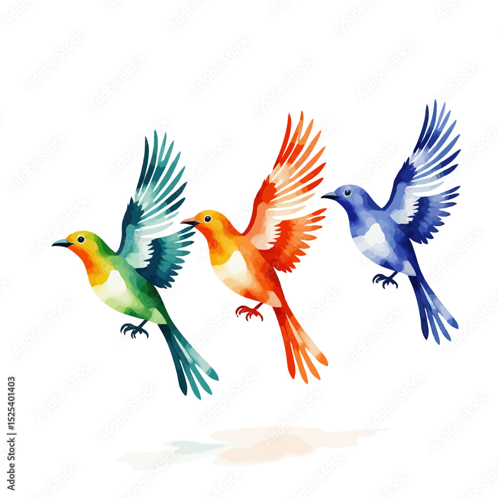 Obraz premium Colorful Watercolor Birds in Flight - Beautiful Bird Art Illustration - Perfect for Nature Lovers - Vibrant Green Orange and Blue Bird Artwork_