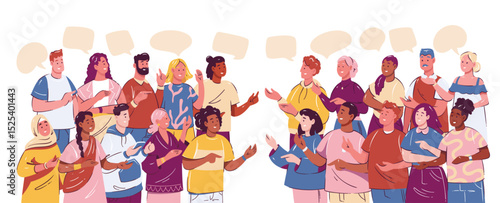 Group of diverse people engaged in conversation and debate with speech bubbles above their heads. Multicultural crowd illustration. Vector illustration for communication, education, or web design.