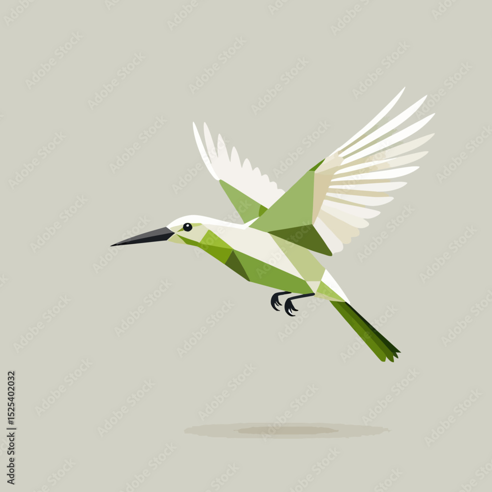 Obraz premium Geometric Bird Art- Low Poly Bird Illustration in Flight- Modern Minimalist Bird Design- Green and White Bird Image for Nature Lovers