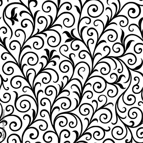 Intricate floral pattern, black and white, swirling vines
