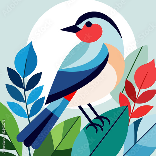 Geometric Bird Illustration-Colorful Bird Art Print-Modern Nature Design-Whimsical Bird on Leaves-Abstract Bird Artwork for Home Decor