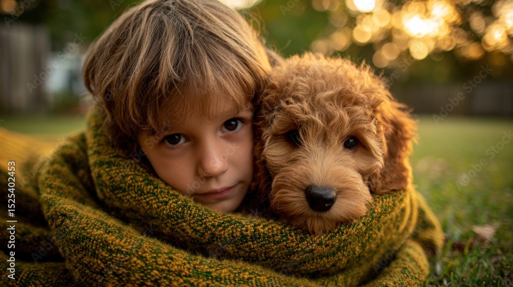 Portrait of a young boy and his fluffy puppy wrapped together in a cozy knitted blanket outdoors at sunset perfect for family pet lifestyle ads and heartwarming emotional content Portrait of a young boy and his fluffy puppy wrapped together in a cozy knitted blanket outdoors at sunset perfect for family pet lifestyle ads and heartwarming emotional content