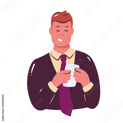Businessman in suit and tie using smartphone, reading or writing message. Flat cartoon style. Vector illustration for business, office, communication, or modern lifestyle design