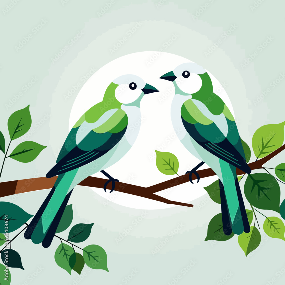 Fototapeta premium Two Green Birds on a Branch Vector Illustration- Whimsical Bird Art for Nature Lovers- Peaceful Birdwatching Graphic Design- Springtime Bird Theme Image