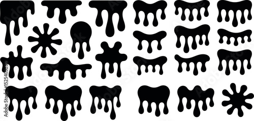  collection of black abstract dripping shapes. The graphics resemble liquid paint or slime flowing downwards. These versatile elements can be used for creating edgy designs, borders, or backgrounds.