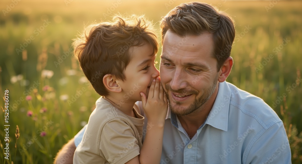 Fototapeta premium Father and son sharing a secret while sitting in a sunny field 