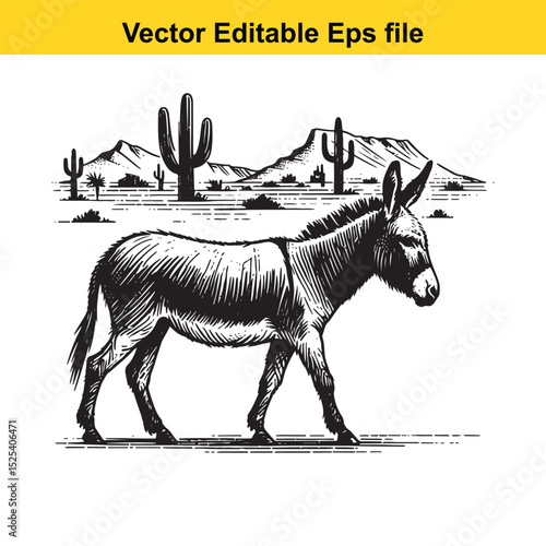 A donkey walks through the desert landscape under a clear sky