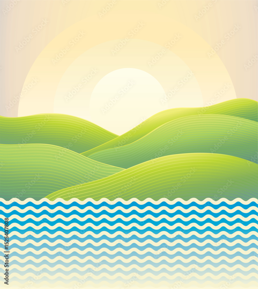 Obraz premium Hilly landscape, with green hills and a body of water, sunrise sun above the horizon. Vector illustration.