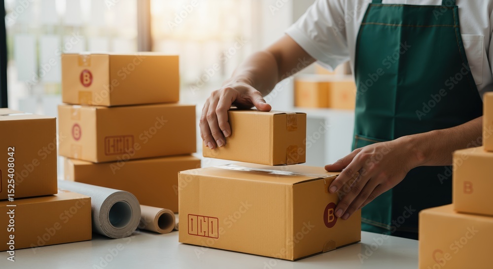 Man stacking boxes on table in a packaging area during the day Man stacking boxes on table in a packaging area during the day