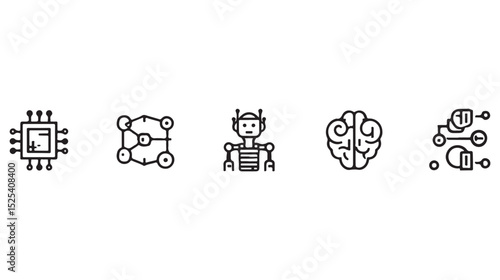 Modern artificial intelligence icons representing key concepts like neural networks and robotics