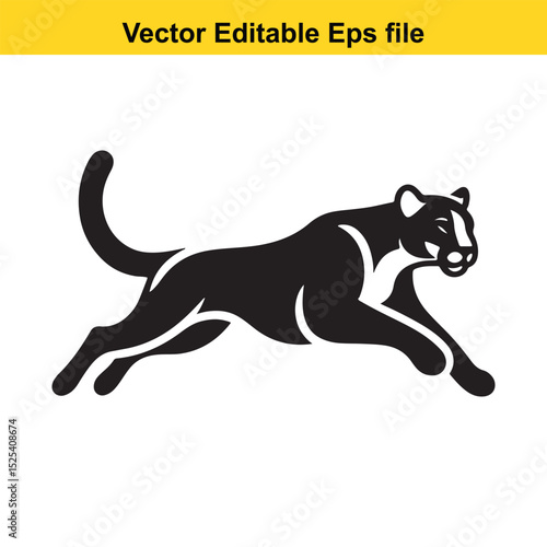A sleek black panther gracefully leaps forward, its muscular form captured in mid-stride, embodying power and agility.