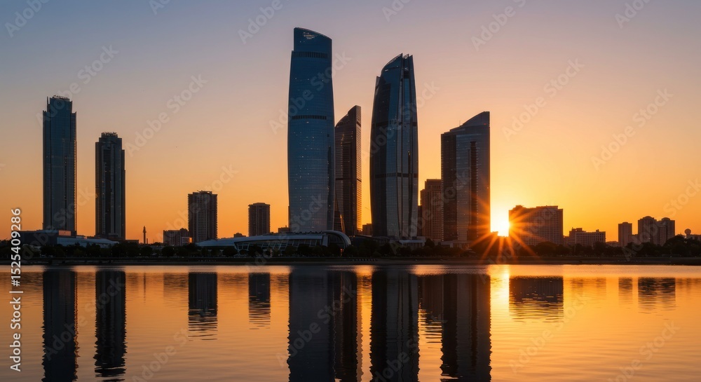 Fototapeta premium Skyscrapers shimmer at dawn waters embrace
