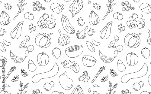  is a detailed black and white outline pattern featuring a wide variety of fruits and vegetables. 