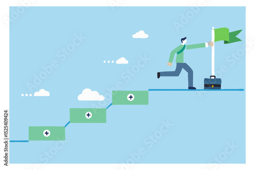 Businessman climbing steps to success reaching the goal with green flag and briefcase leadership and achievement concept