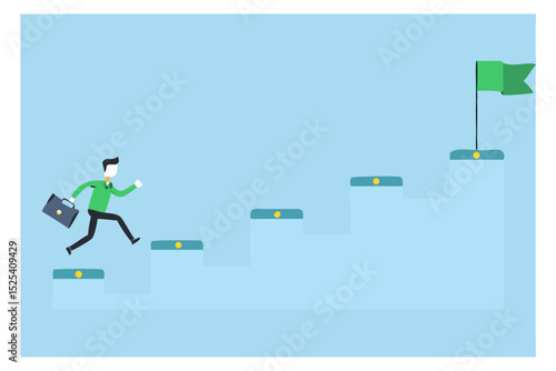 Businessman Running Up Stairs Towards Success Flag Career Goals and Achievement Vector Illustration on Light Blue Background