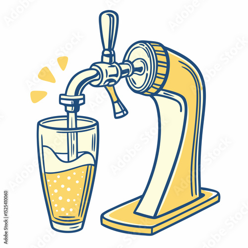 Beer tap pouring beverage into glass with bubbles and foam  