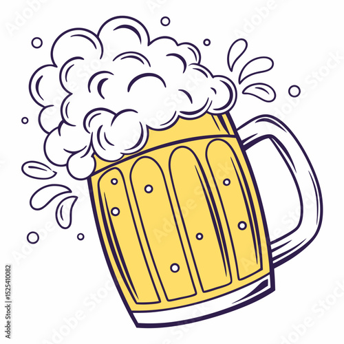 Illustration of a frothy beer mug with splashes around it  