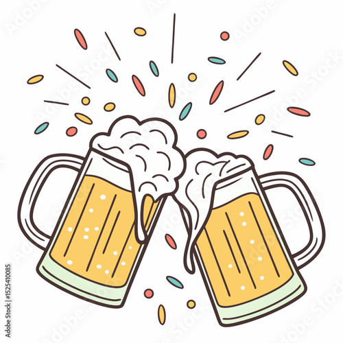 Clinking beer mugs with foam and colorful confetti splashes  
