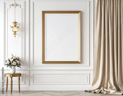 Elegant interior with golden frame chandelier flowers and beige curtains