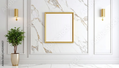 Elegant interior with golden frame marble wall potted plant and sconce lighting
