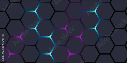 Dark gray 3D hexagonal technology vector abstract background. Blue and pink energy flashes under hexagon in modern technology futuristic background vector illustration.