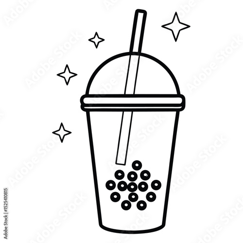 Black and White Boba Tea Illustration Sparkling Drink Vector Graphic