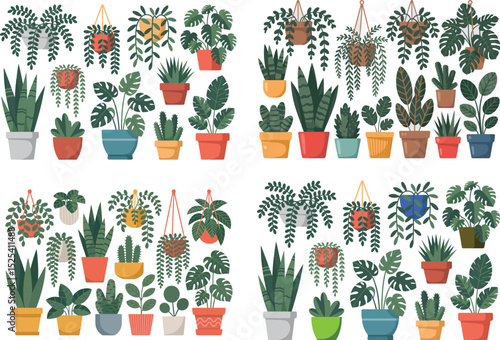  a large collection of various houseplants in pots. The set includes different types of indoor plants with varied foliage and container styles.