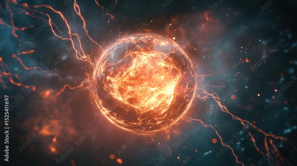 Obraz premium Glowing energy sphere surrounded by vibrant electric currents and cosmic particles, illustrating the concept of power and dynamic energy in a visually striking manner