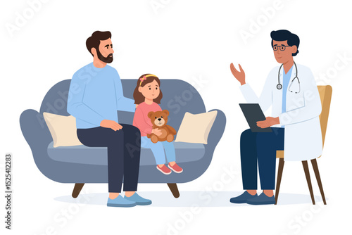 Pediatric checkup of the child. Girl and father at the doctor’s appointment.Pediatrician talking with child patient and dad. Vector Illustration.