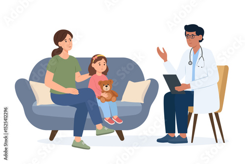 Pediatric checkup of the child. Girl and father at the doctor’s appointment.Pediatrician talking with child patient and dad. Vector Illustration.