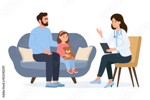 Pediatric checkup of the child. Girl and father at the doctor’s appointment.Pediatrician talking with child patient and dad. Vector Illustration.
