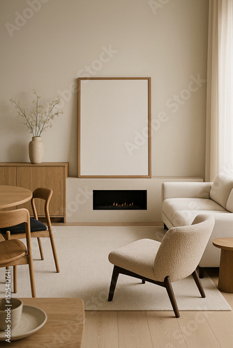 Framed Vertical A1 Poster Mockup (16,5 x 23,4 in) in Minimalist Living Room – Light Wood Frame Above Fireplace