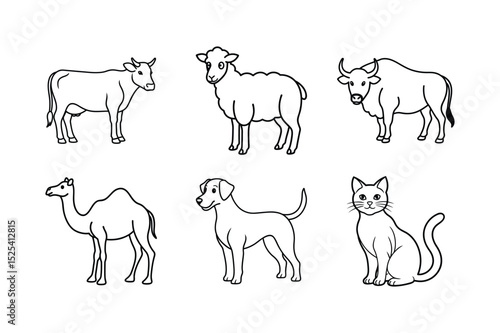 Set of domestic animals line art vector illustration
