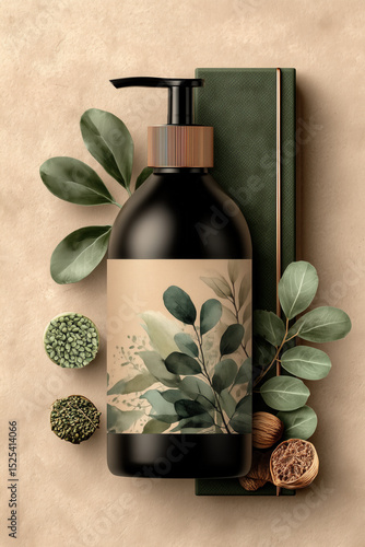 Botanical shampoo mockup with beige label and natural green elements on textured neutral background