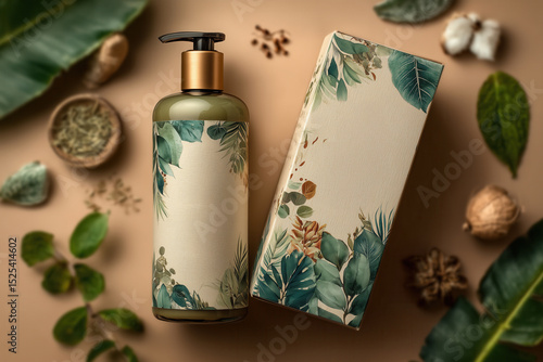 Natural shampoo and cream mockup with botanical packaging design surrounded by green leaves and herbs on beige background.