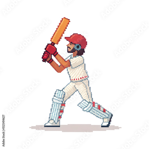 cricket player 8-bit illustration, retro videogame aesthetic, isolated PNG transparent background