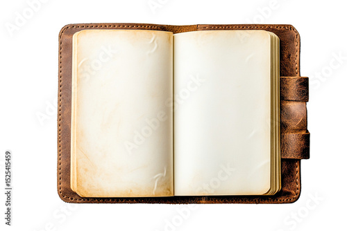 Open antique leather-bound journal with blank pages, transparent background, vintage style, top view