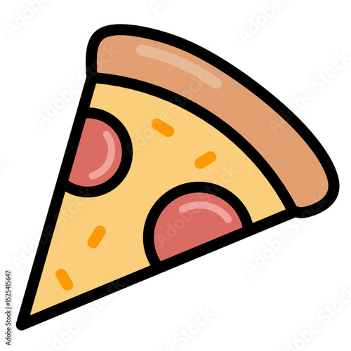 Vector illustration of a cheesy pizza slice with toppings in cartoon style. Great for food apps, Italian restaurants, and menu graphics.