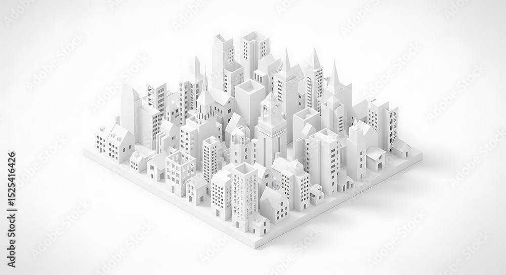 Fototapeta premium Minimalist white city architecture urban design building model cityscape skyline paper art abstract design