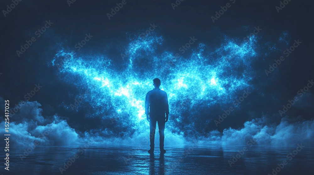 Fototapeta premium Back view silhouette of a person standing before a glowing blue energy cloud, evoking mystery, power, and futuristic energy concepts in a dynamic, vibrant atmosphere.