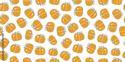 Vegetarian food pattern, pumpkin. Vegetables, harvest holiday. Drawings, doodle. Local farmer's market and dietary concept. Seamless background.