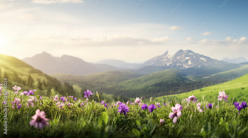 Fototapeta premium Serene landscape of blooming meadow with vibrant purple and pink flowers in foreground, lush green hills, and majestic mountains under soft golden sky