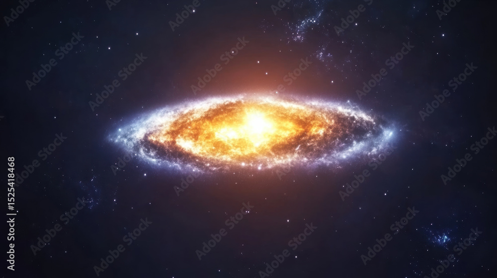 Fototapeta premium Glowing galaxy like formation with radiant golden core surrounded by vibrant neon blue and white light, set against dark starry background, evoking sense of cosmic wonder